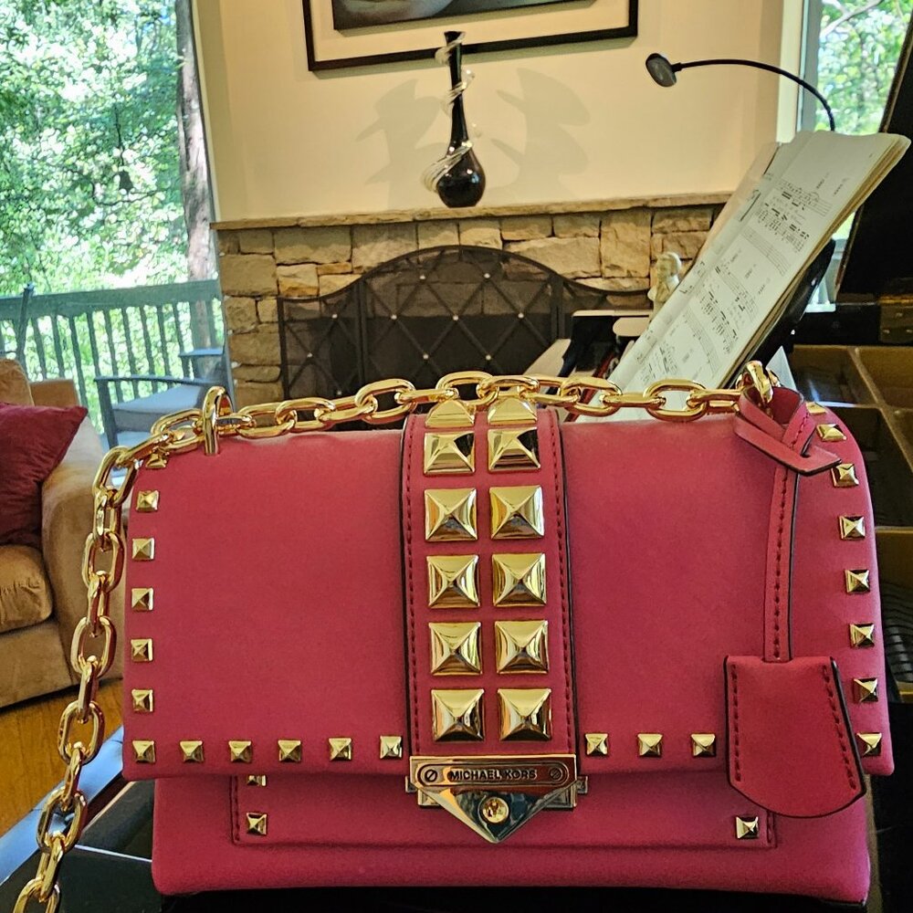 New Michael Kors Cece Medium Studded Faux Leather Shoulder Bag Pink